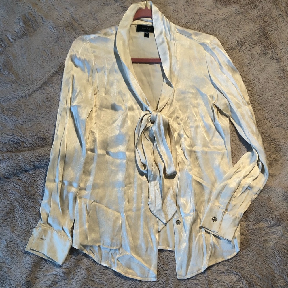 KAREN KANE Women Small Ivory Button Up Bow Long Sleeve Cuff Blouse Top